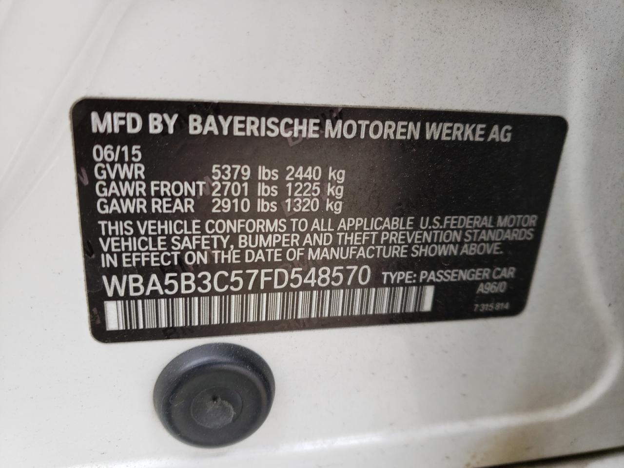 Photo 10 from auction – 2015 BMW 535 XI with VIN WBA5B3C57FD548570