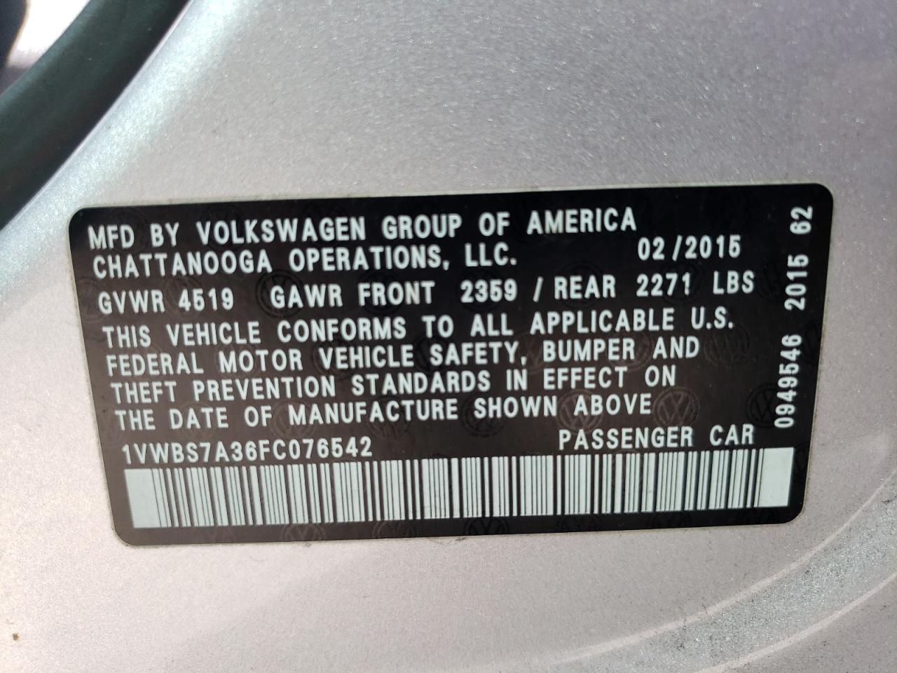 Photo 10 from auction – 2015 VOLKSWAGEN PASSAT SE with VIN 1VWBS7A36FC076542