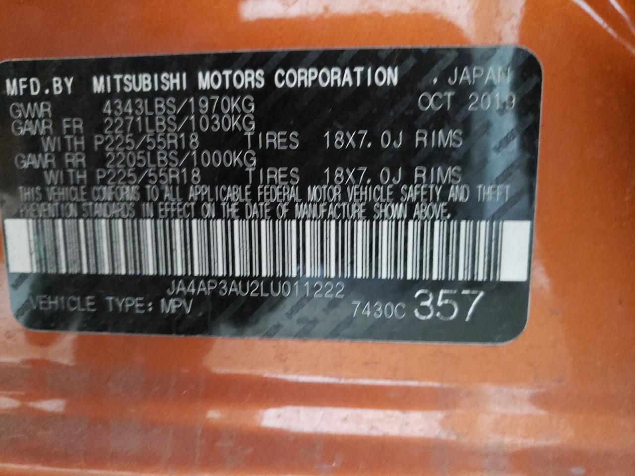 Photo 10 from auction – 2020 MITSUBISHI OUTLANDER with VIN JA4AP3AU2LU011222