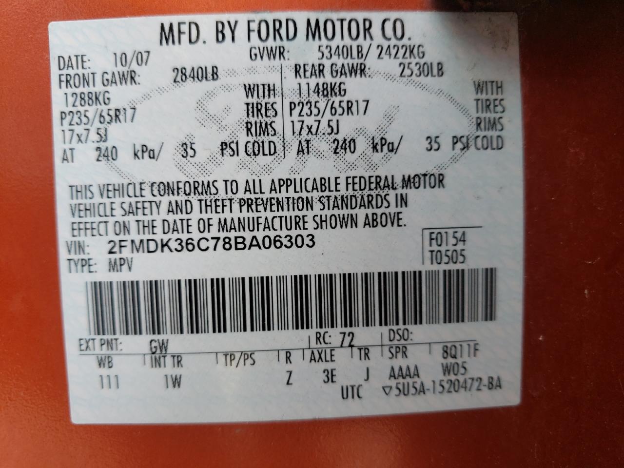 Photo 10 from auction – 2008 FORD EDGE SE with VIN 2FMDK36C78BA06303