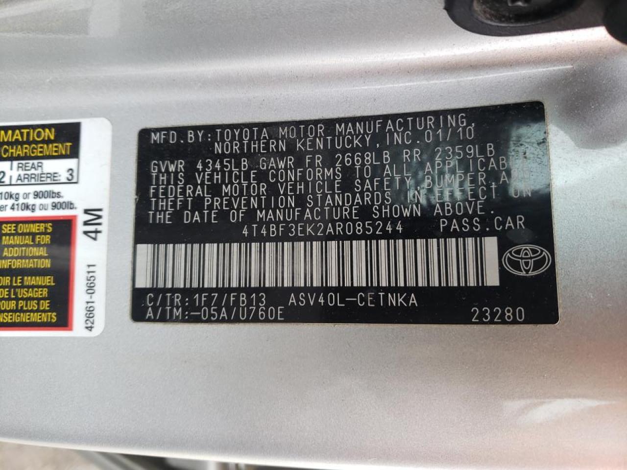 Photo 10 from auction – 2010 TOYOTA CAMRY BASE with VIN 4T4BF3EK2AR085244