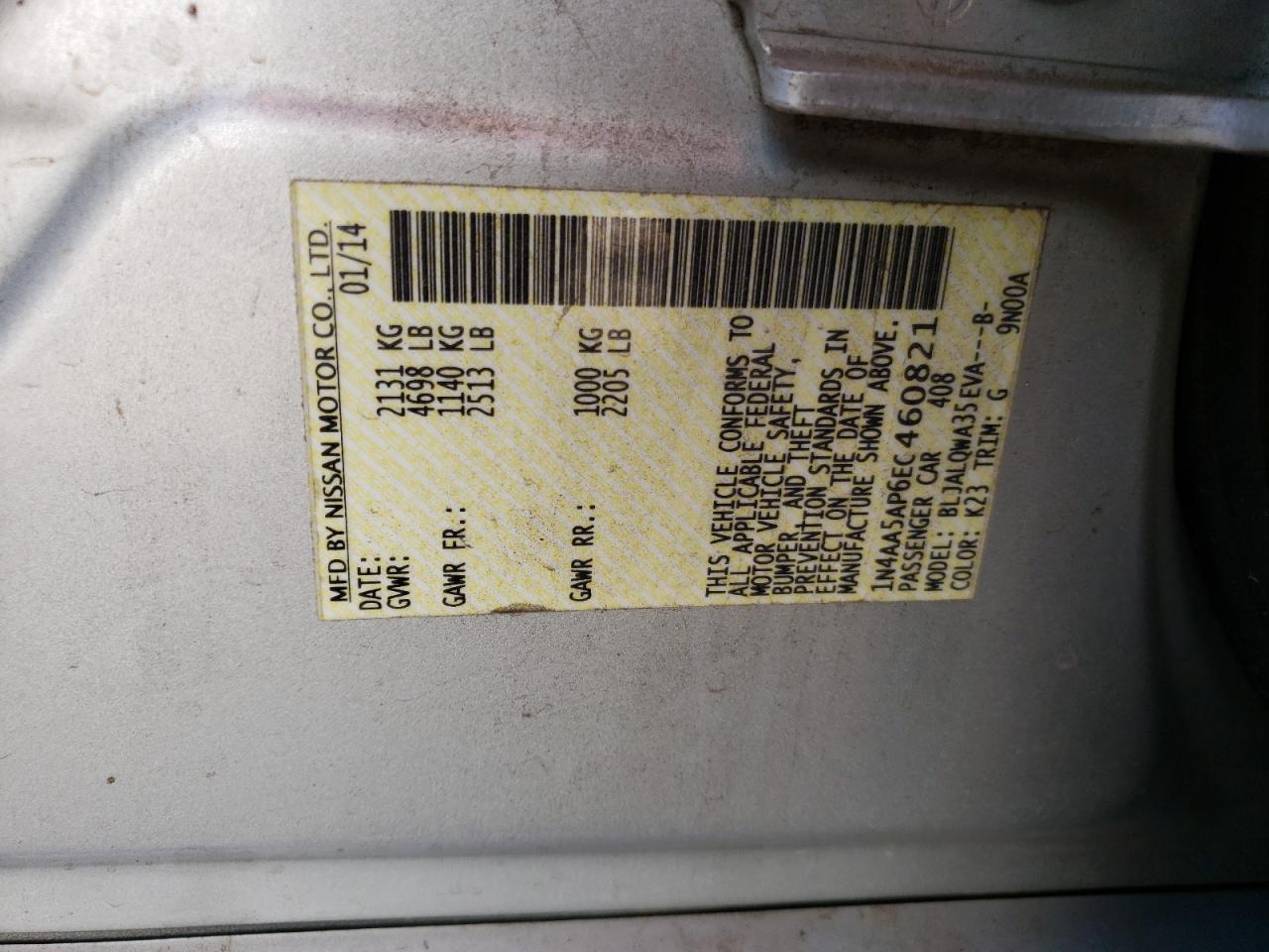 Photo 10 from auction – 2014 NISSAN MAXIMA S with VIN 1N4AA5AP6EC460821