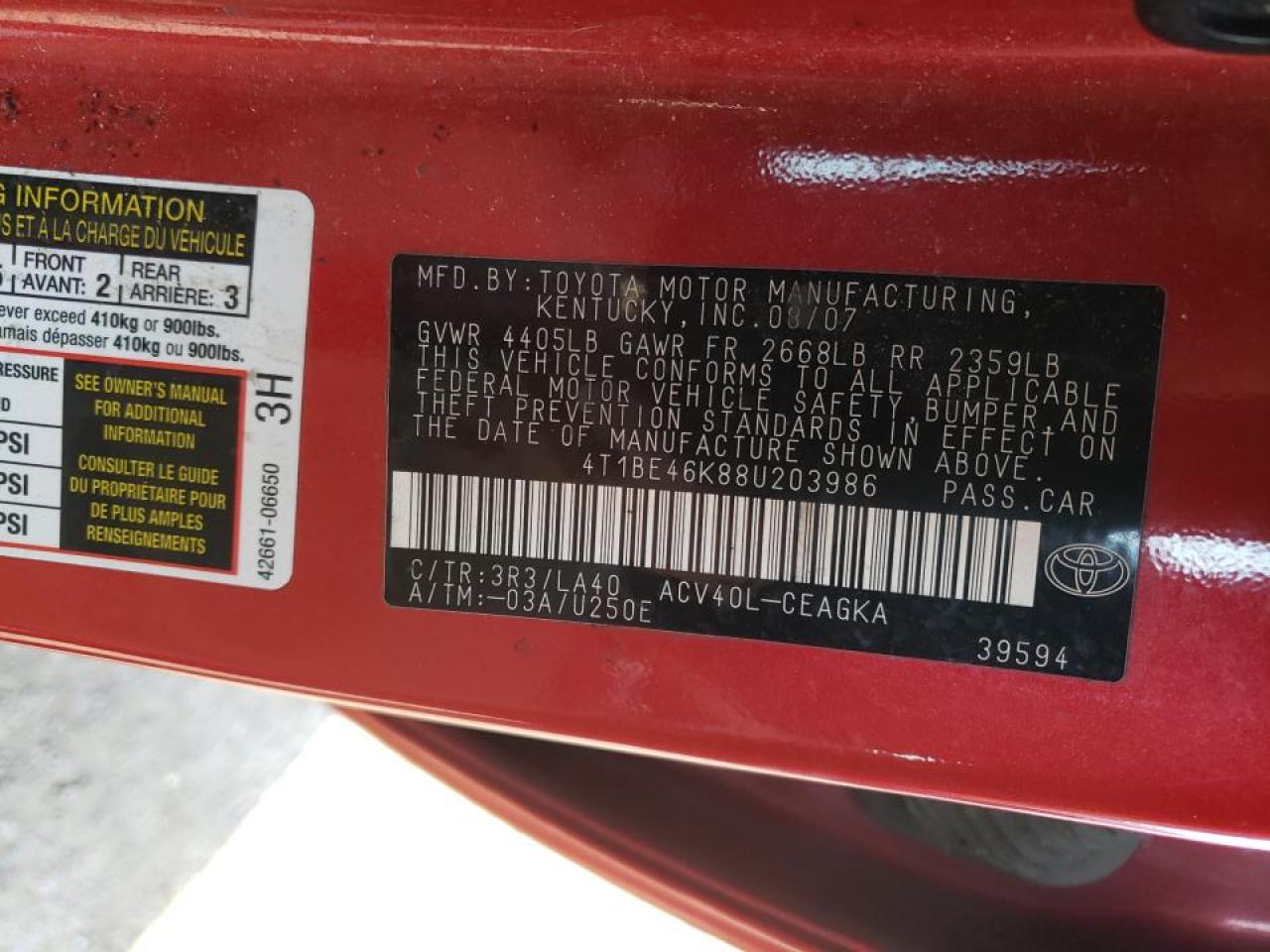Photo 10 from auction – 2008 TOYOTA CAMRY CE with VIN 4T1BE46K88U203986