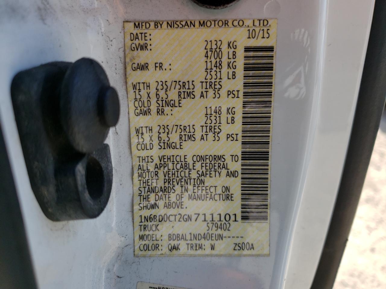 Photo 10 from auction – 2016 NISSAN FRONTIER S with VIN 1N6BD0CT2GN711101