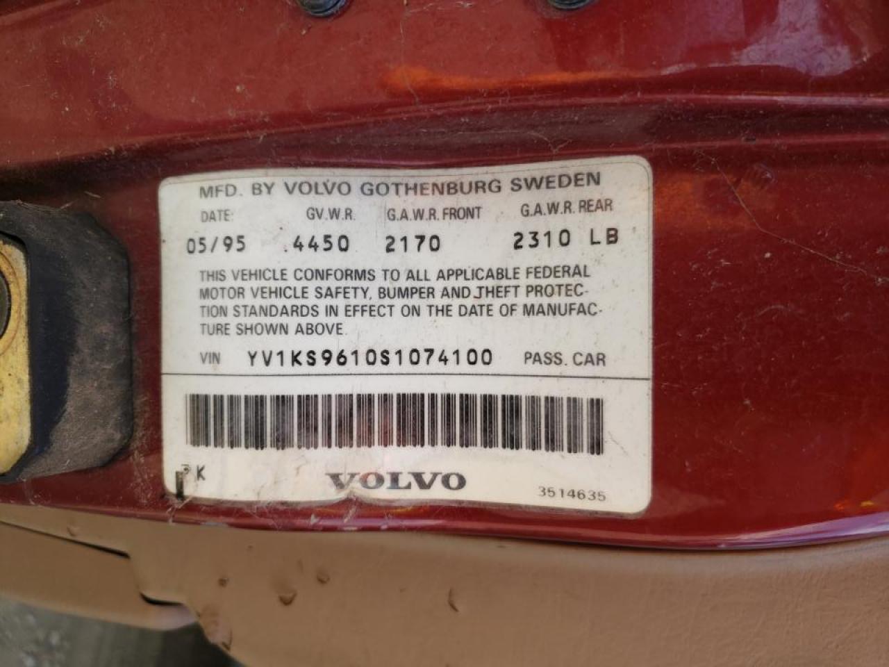 Photo 10 from auction – 1995 VOLVO 960 with VIN YV1KS9610S1074100