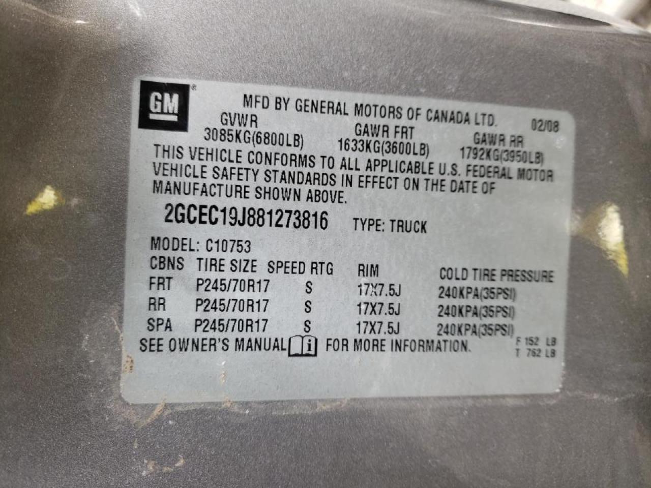 Photo 10 from auction – 2008 CHEVROLET SILVERADO with VIN 2GCEC19J881273816