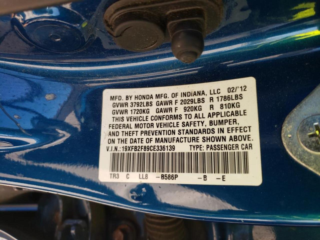 Photo 10 from auction – 2012 HONDA CIVIC EX with VIN 19XFB2F89CE336139