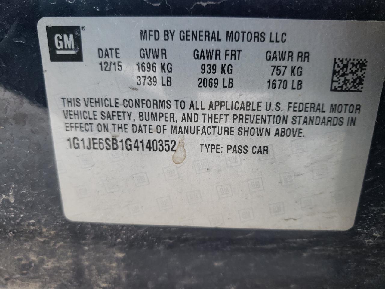 Photo 10 from auction – 2016 CHEVROLET SONIC LTZ with VIN 1G1JE6SB1G4140352