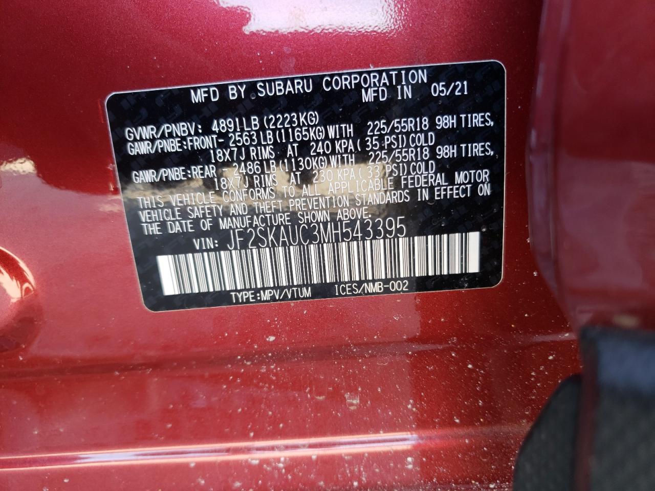 Photo 10 from auction – 2021 SUBARU FORESTER L with VIN JF2SKAUC3MH543395