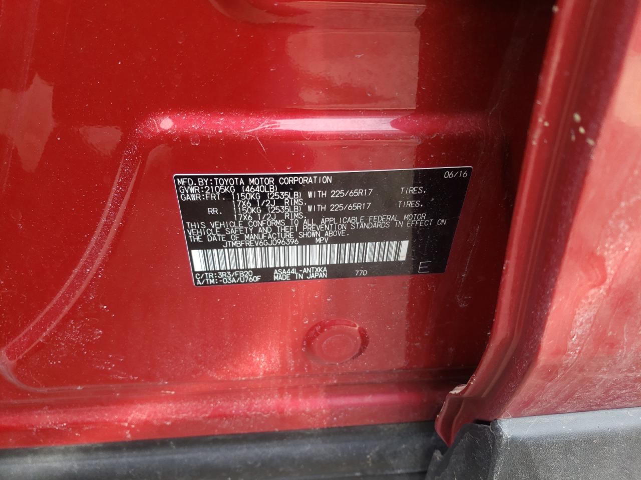 Photo 10 from auction – 2016 TOYOTA RAV4 LE with VIN JTMBFREV6GJ096396