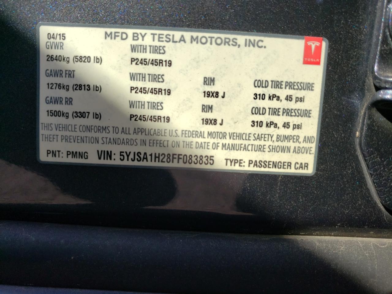Photo 10 from auction – 2015 TESLA MODEL S 85 with VIN 5YJSA1H28FF083835