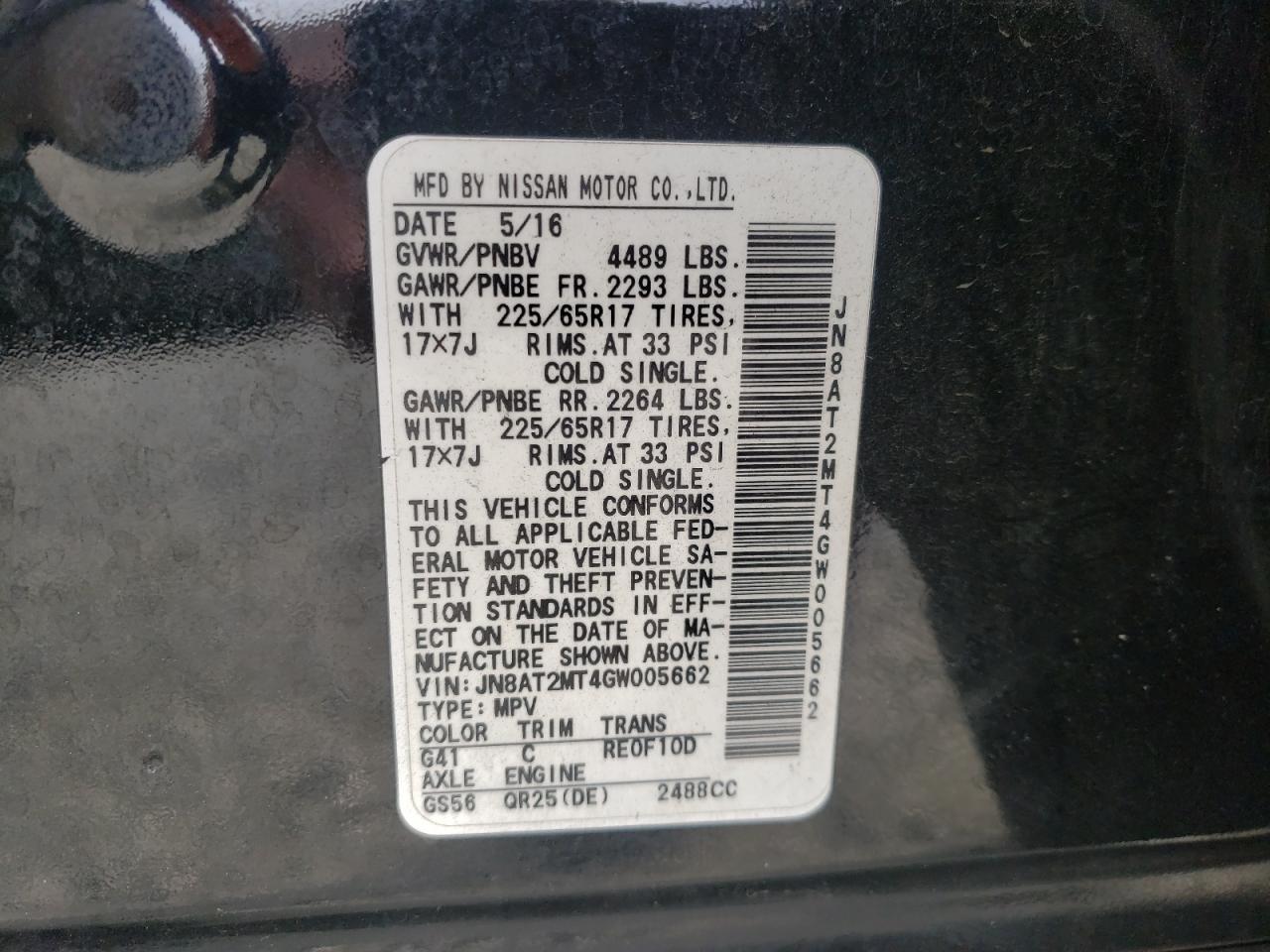 Photo 10 from auction – 2016 NISSAN ROGUE S with VIN JN8AT2MT4GW005662