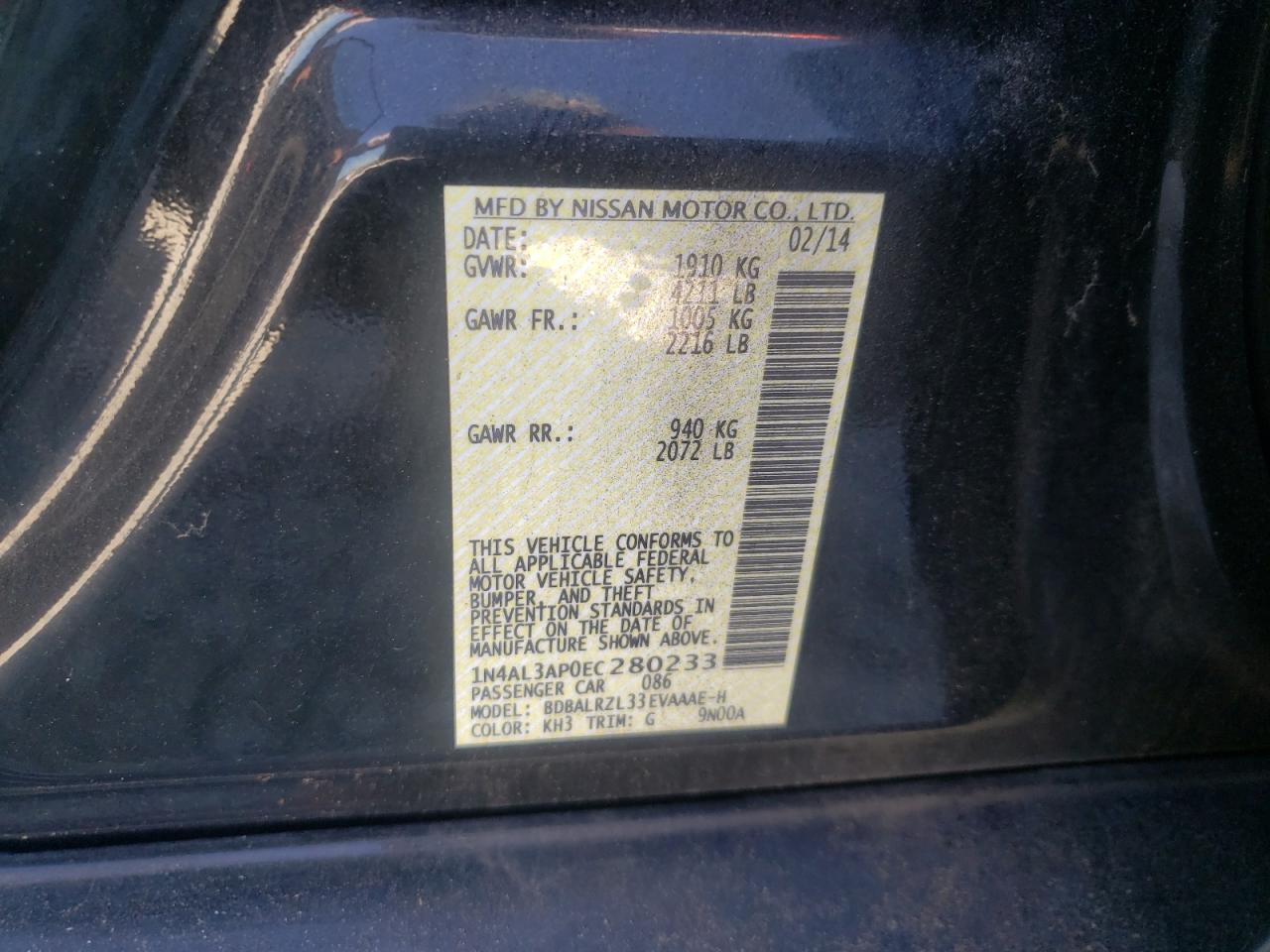 Photo 10 from auction – 2014 NISSAN ALTIMA 2.5 with VIN 1N4AL3AP0EC280233