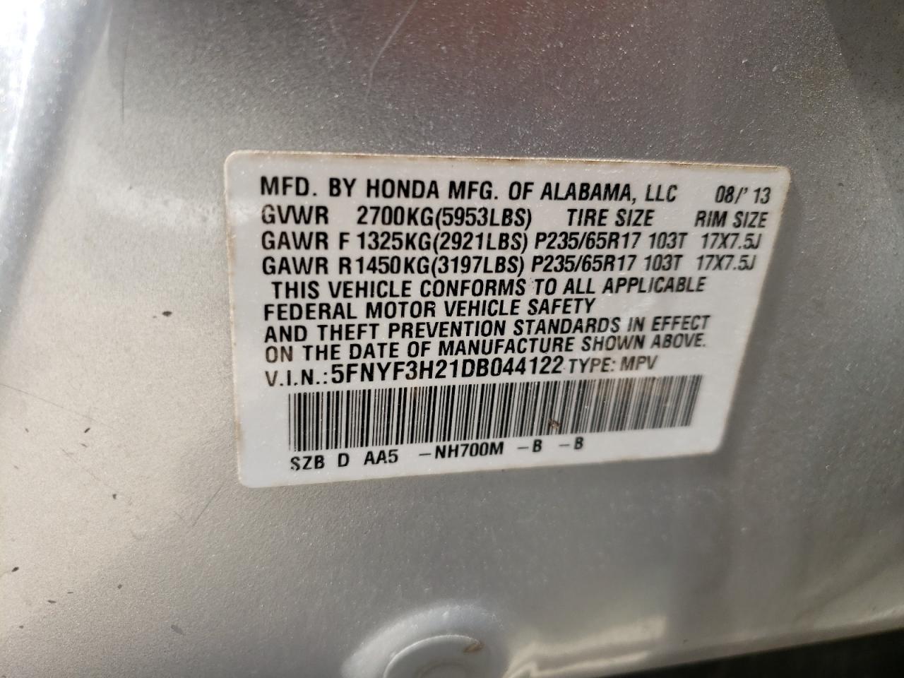 Photo 10 from auction – 2013 HONDA PILOT LX with VIN 5FNYF3H21DB044122