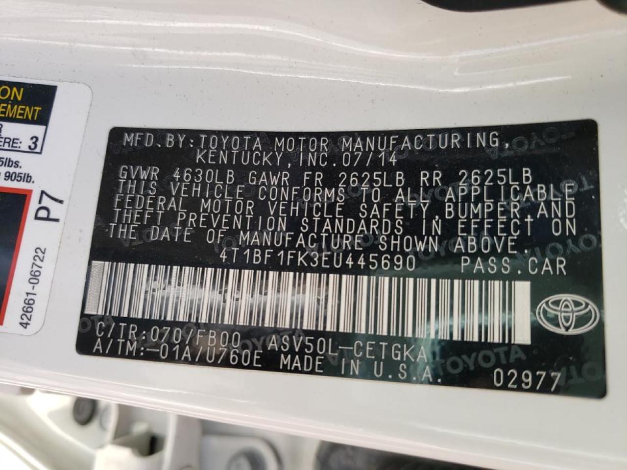 Photo 10 from auction – 2014 TOYOTA CAMRY L with VIN 4T1BF1FK3EU445690