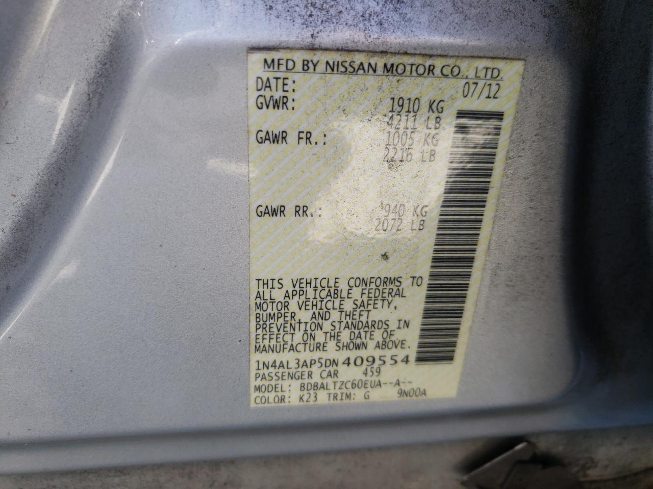 Photo 10 from auction – 2013 NISSAN ALTIMA 2.5 with VIN 1N4AL3AP5DN409554