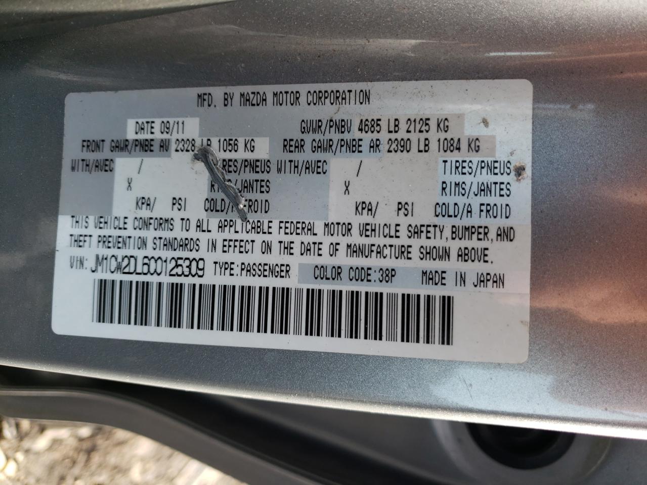 Photo 10 from auction – 2012 MAZDA 5 with VIN JM1CW2DL6C0125309