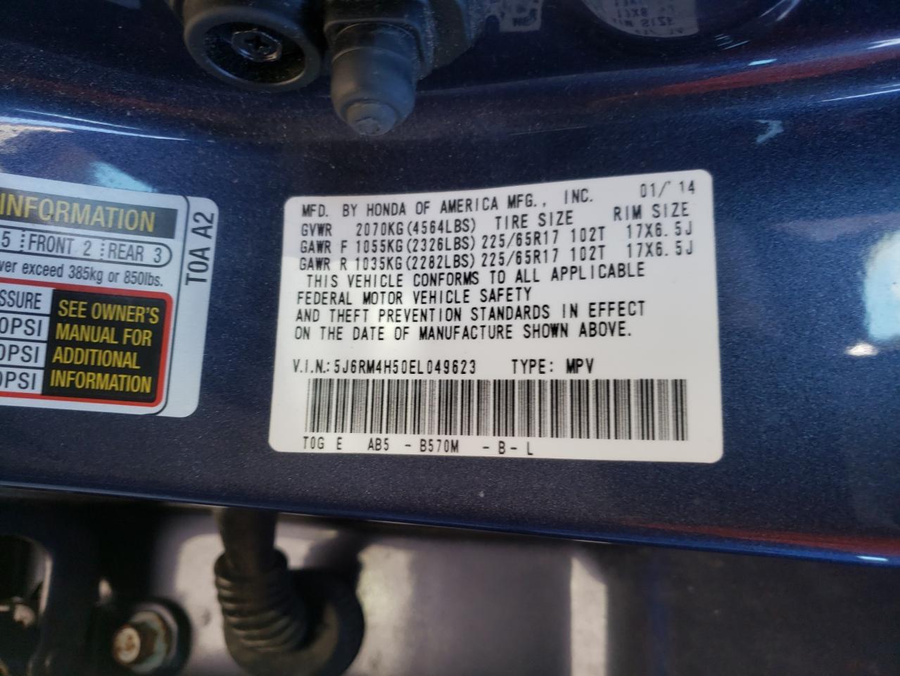 Photo 10 from auction – 2014 HONDA CR-V EX with VIN 5J6RM4H50EL049623