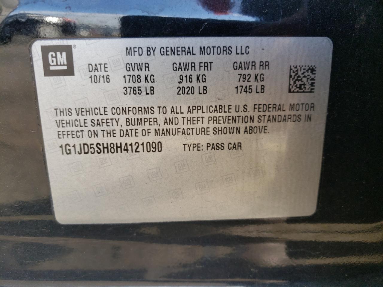 Photo 10 from auction – 2017 CHEVROLET SONIC LT with VIN 1G1JD5SH8H4121090