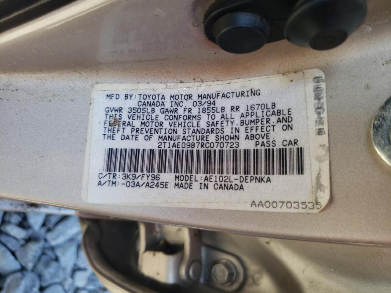 Photo 10 from auction – 1994 TOYOTA COROLLA with VIN 2T1AE09B7RC070723