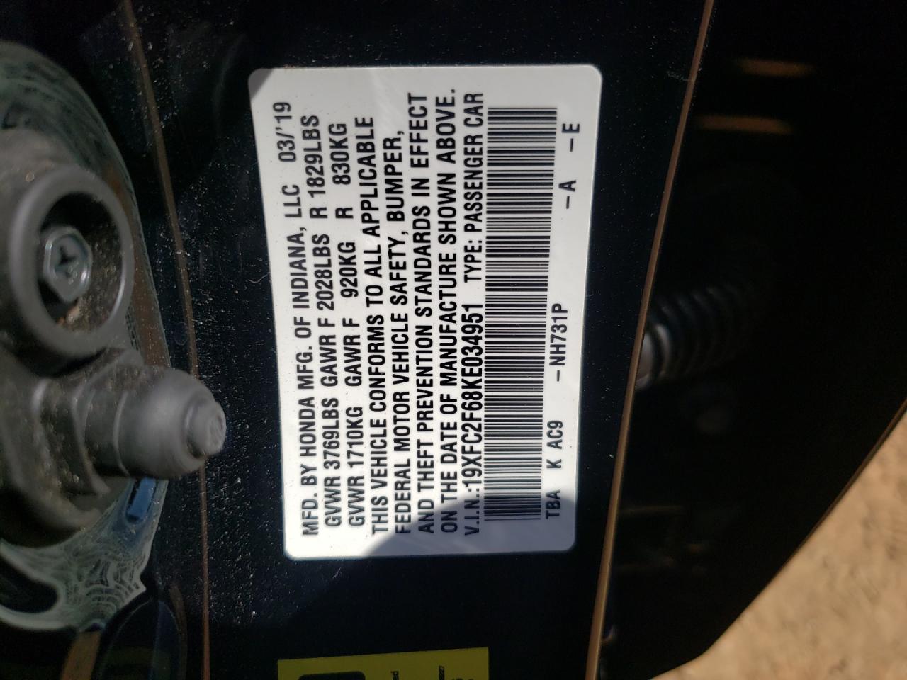 Photo 10 from auction – 2019 HONDA CIVIC LX with VIN 19XFC2F68KE034951