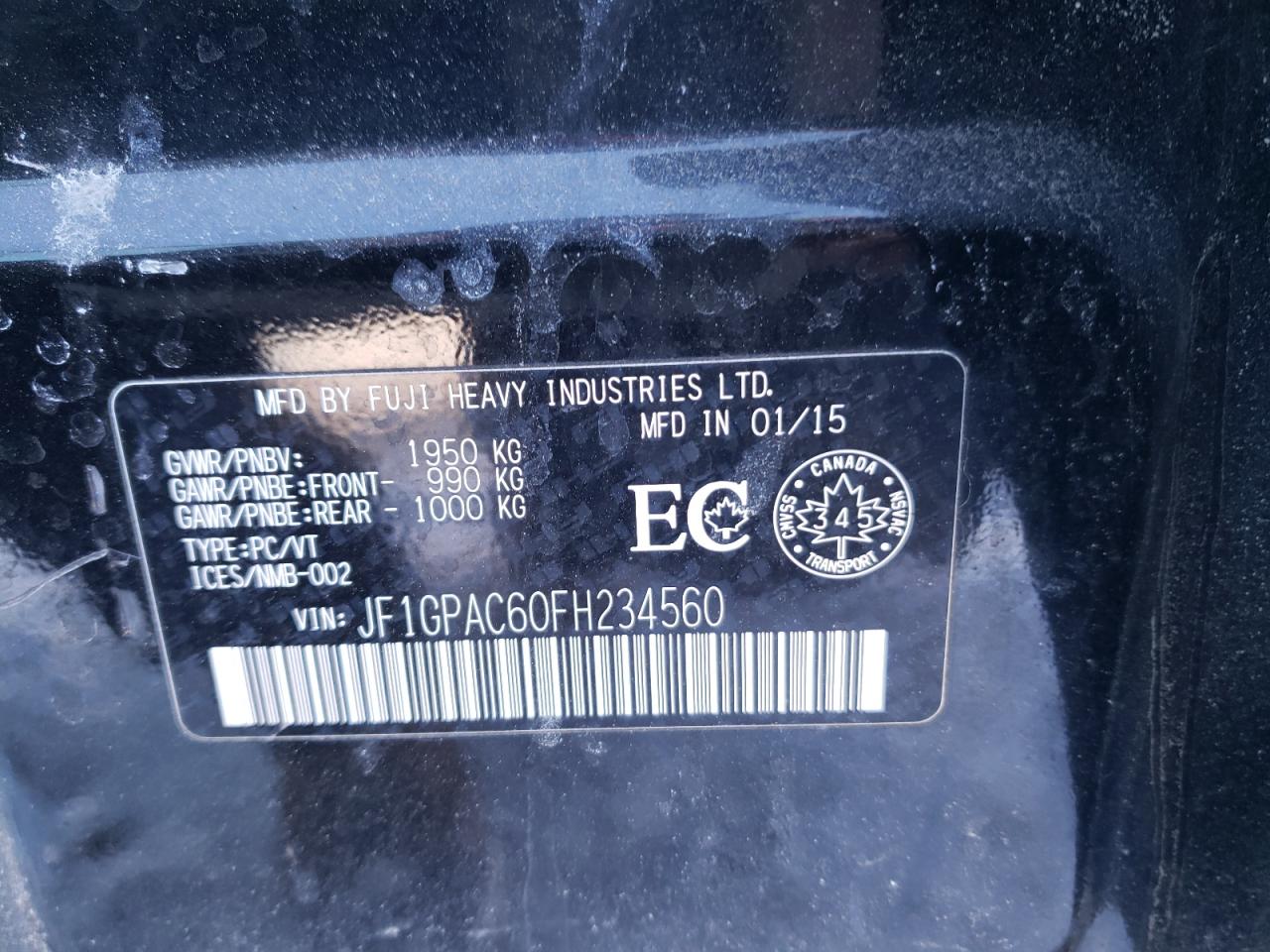Photo 10 from auction – 2015 SUBARU IMPREZA PR with VIN JF1GPAC60FH234560
