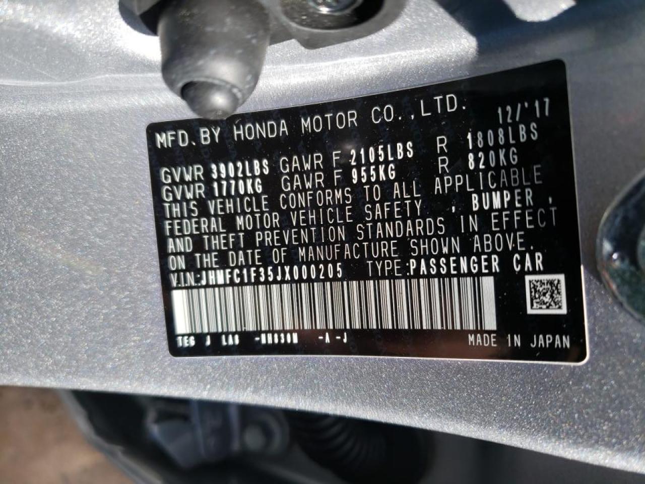 Photo 10 from auction – 2018 HONDA CIVIC EX with VIN JHMFC1F35JX000205