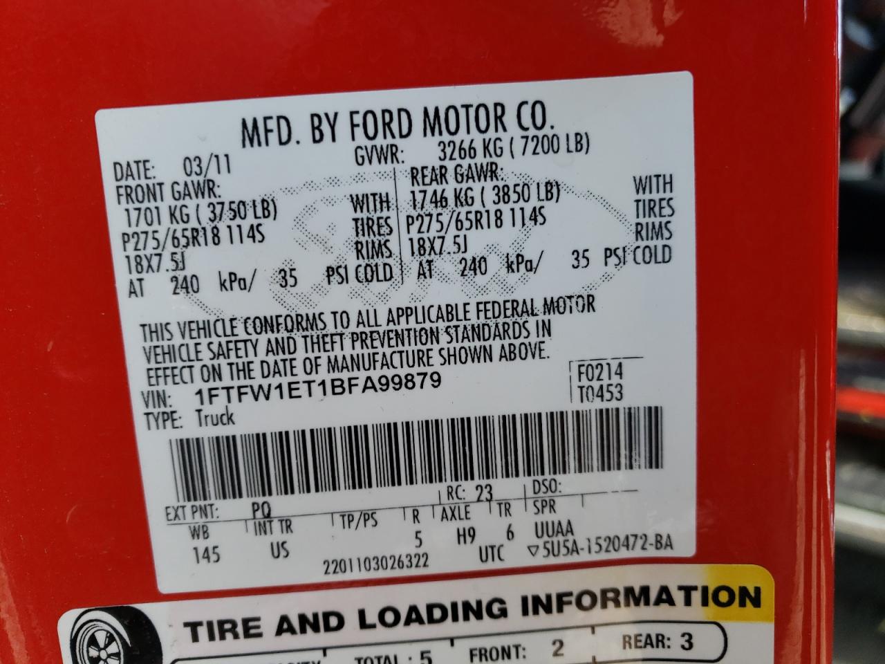 Photo 10 from auction – 2011 FORD F150 SUPER with VIN 1FTFW1ET1BFA99879