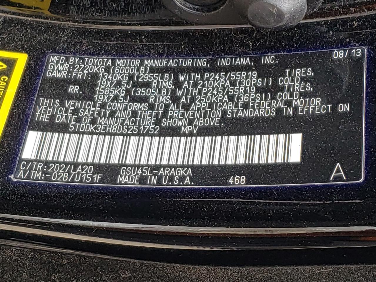 Photo 10 from auction – 2013 TOYOTA HIGHLANDER with VIN 5TDDK3EH8DS251752