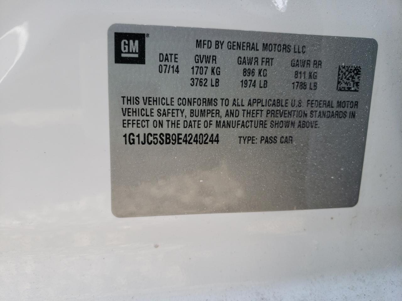 Photo 10 from auction – 2014 CHEVROLET SONIC LT with VIN 1G1JC5SB9E4240244