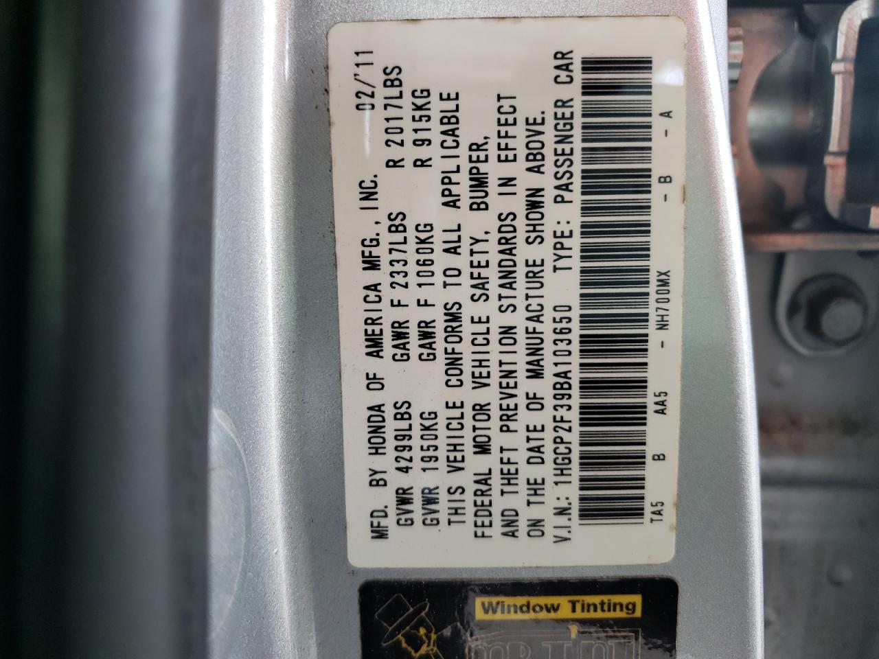 Photo 10 from auction – 2011 HONDA ACCORD LX with VIN 1HGCP2F39BA103650
