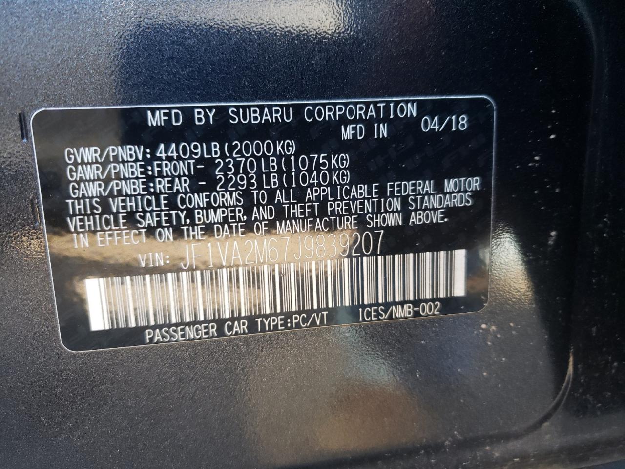 Photo 10 from auction – 2018 SUBARU WRX STI with VIN JF1VA2M67J9839207