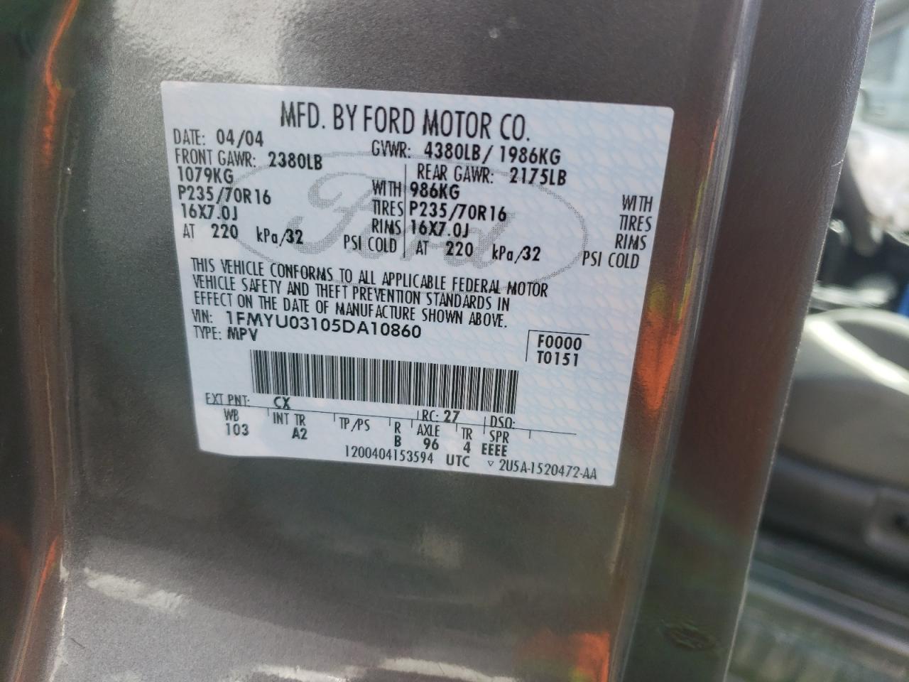 Photo 10 from auction – 2005 FORD ESCAPE XLT with VIN 1FMYU03105DA10860