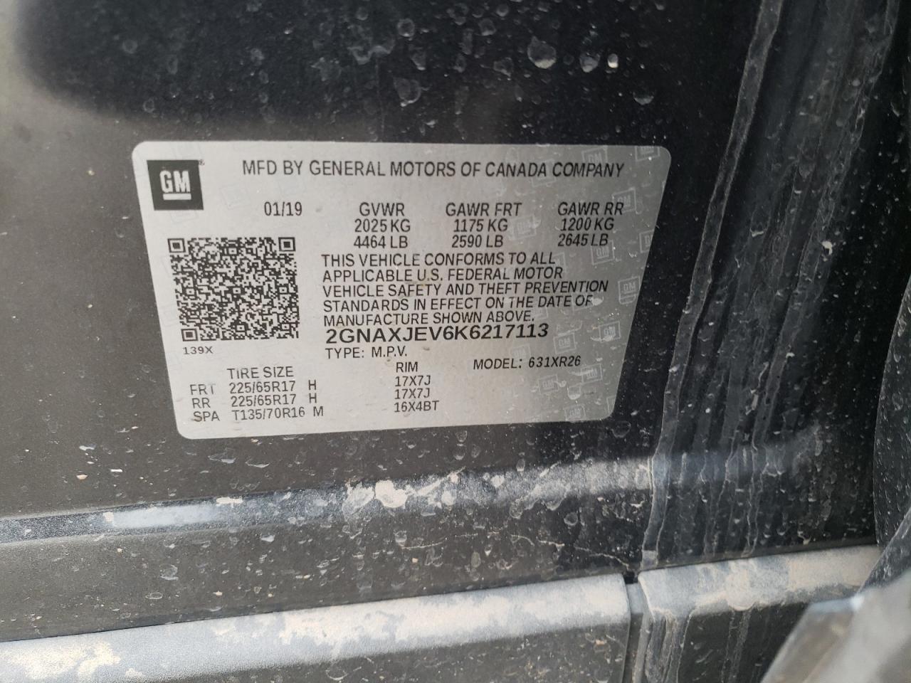 Photo 10 from auction – 2019 CHEVROLET EQUINOX LT with VIN 2GNAXJEV6K6217113