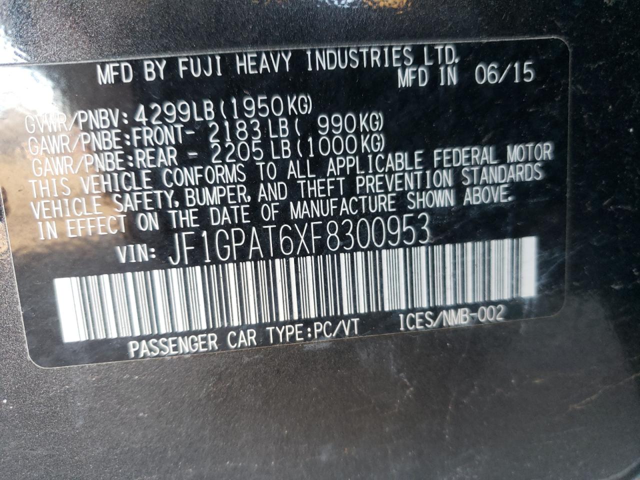 Photo 10 from auction – 2015 SUBARU IMPREZA SP with VIN JF1GPAT6XF8300953