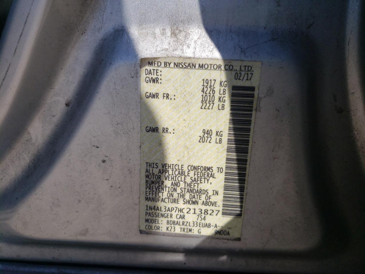 Photo 10 from auction – 2017 NISSAN ALTIMA 2.5 with VIN 1N4AL3AP7HC213827
