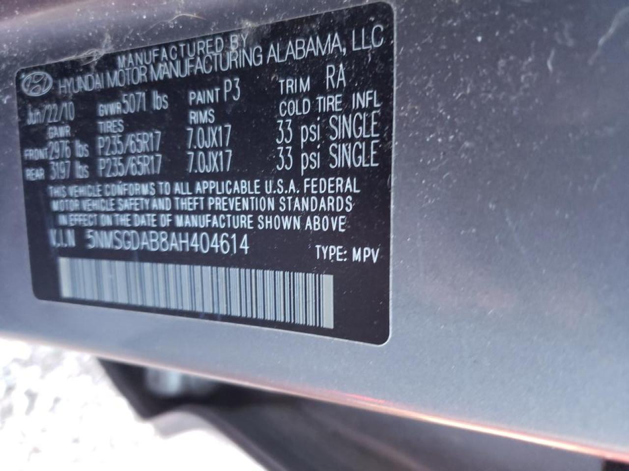 Photo 10 from auction – 2010 HYUNDAI SANTA FE G with VIN 5NMSGDAB8AH404614