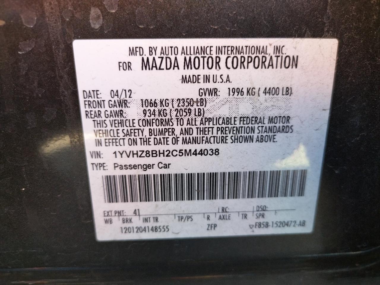 Photo 10 from auction – 2012 MAZDA 6 I with VIN 1YVHZ8BH2C5M44038