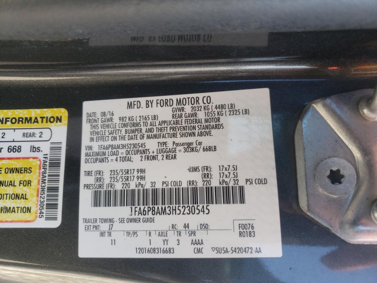 Photo 10 from auction – 2017 FORD MUSTANG with VIN 1FA6P8AM3H5230545