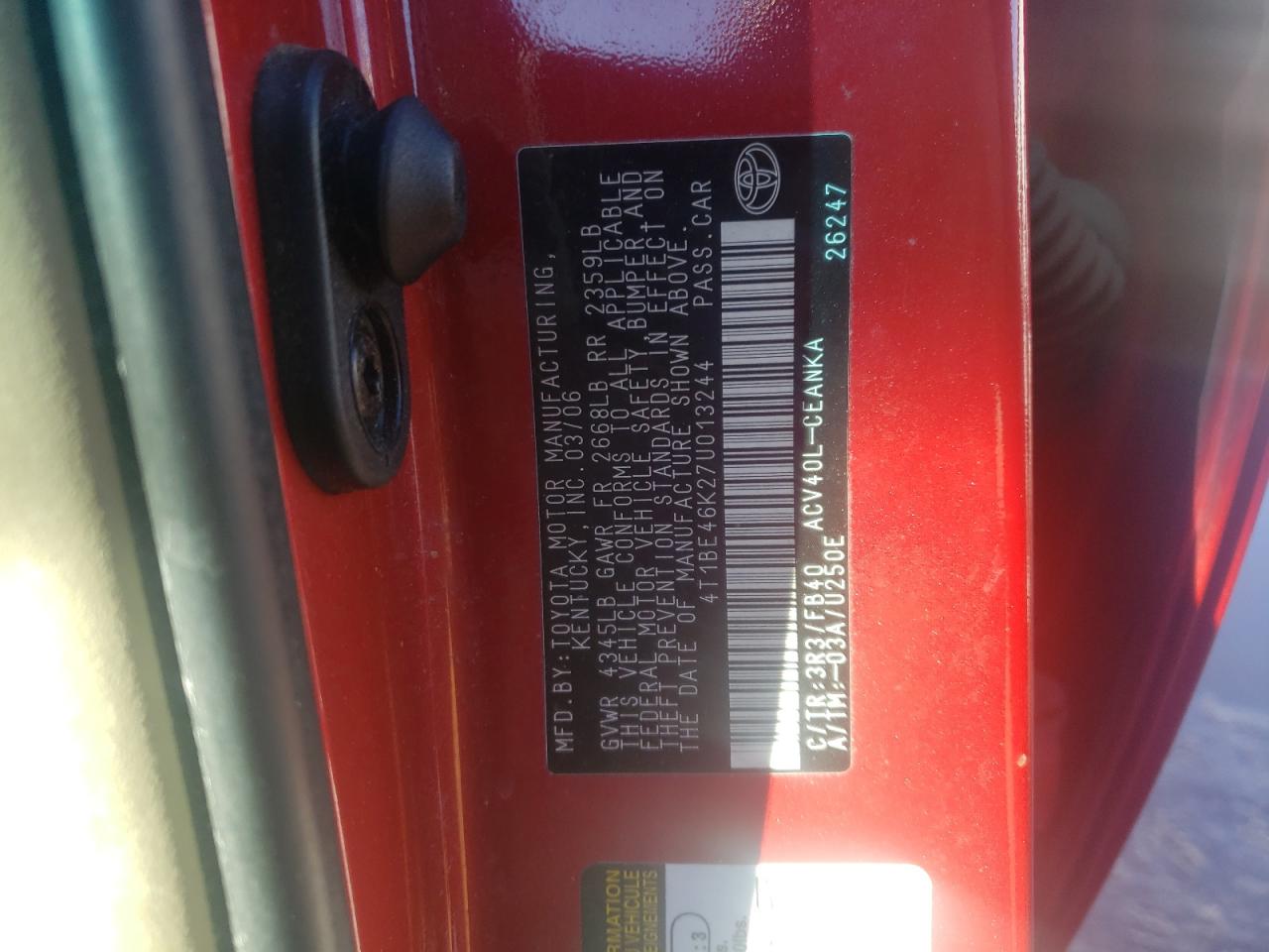 Photo 10 from auction – 2007 TOYOTA CAMRY CE with VIN 4T1BE46K27U013244