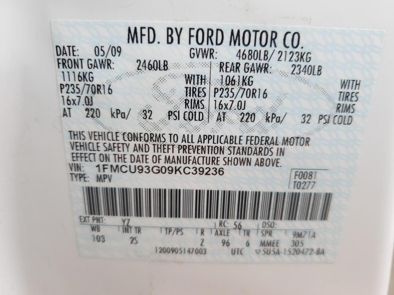 Photo 10 from auction – 2009 FORD ESCAPE XLT with VIN 1FMCU93G09KC39236