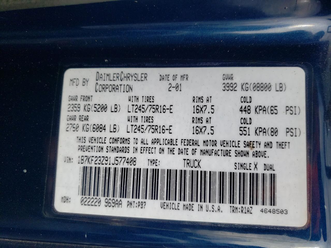 Photo 10 from auction – 2001 DODGE RAM 2500 with VIN 1B7KF23Z91J577408