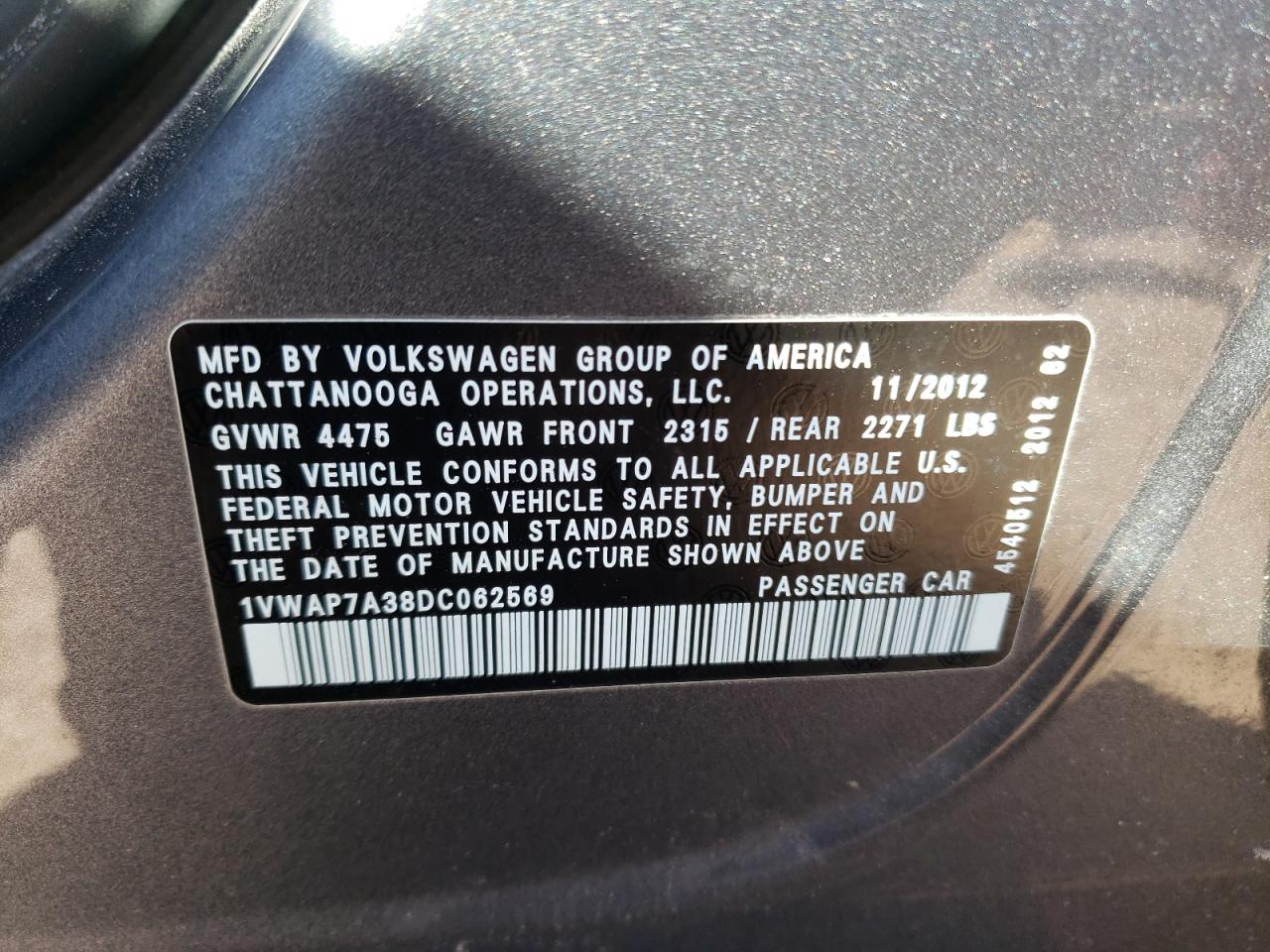 Photo 10 from auction – 2013 VOLKSWAGEN PASSAT S with VIN 1VWAP7A38DC062569