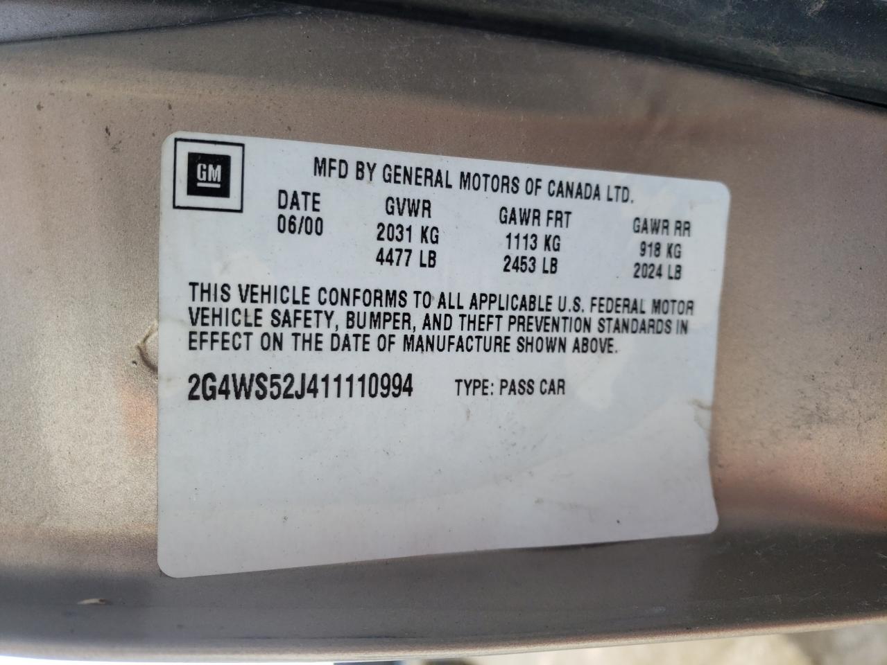Photo 10 from auction – 2001 BUICK CENTURY with VIN 2G4WS52J411110994