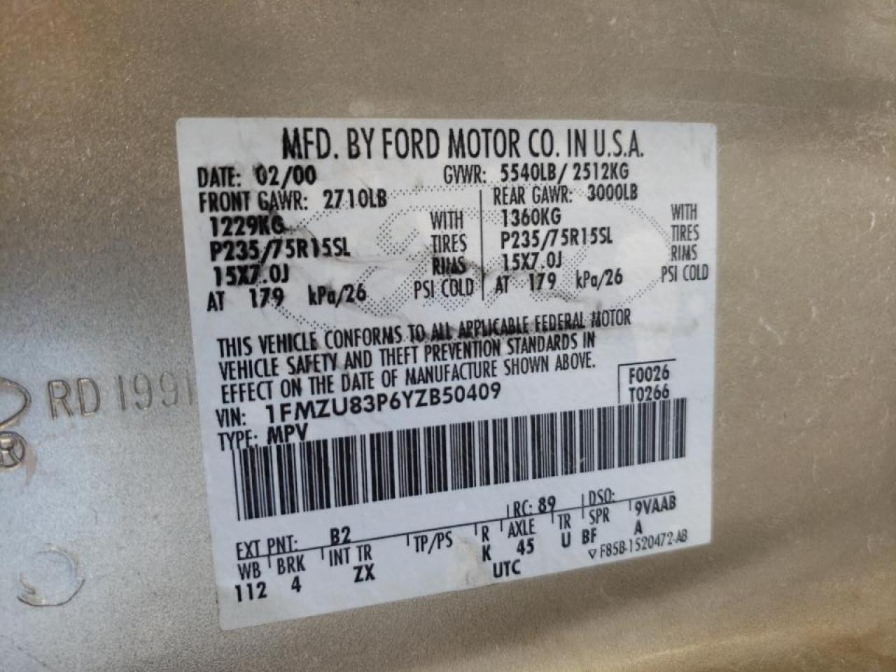 Photo 10 from auction – 2000 FORD EXPLORER X with VIN 1FMZU83P6YZB50409