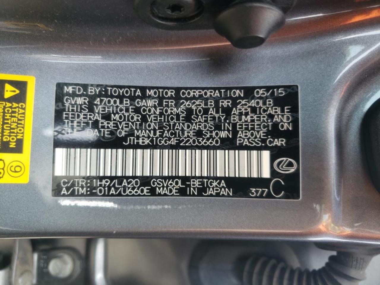 Photo 10 from auction – 2015 LEXUS ES 350 with VIN JTHBK1GG4F2203660