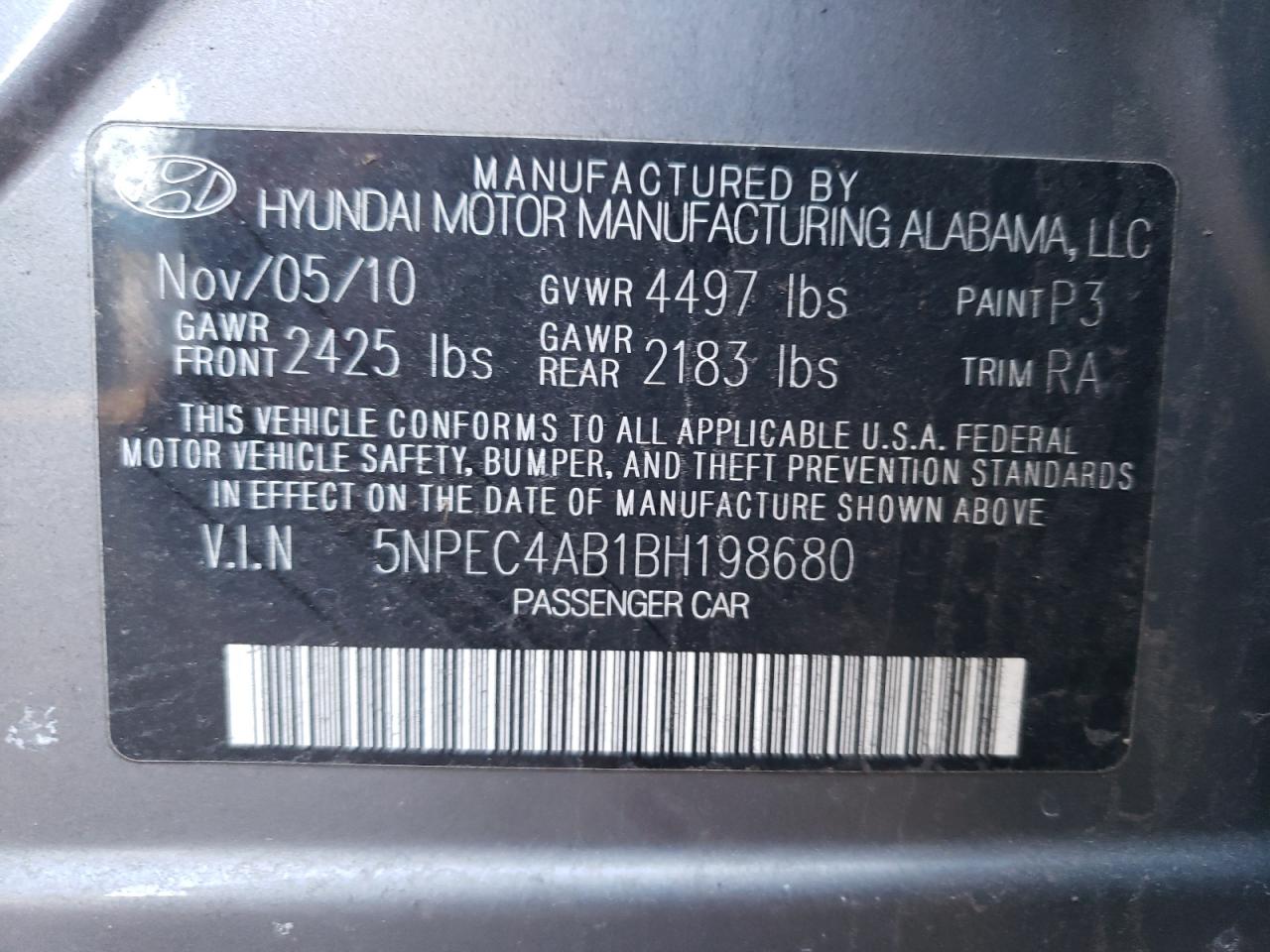 Photo 10 from auction – 2011 HYUNDAI SONATA SE with VIN 5NPEC4AB1BH198680