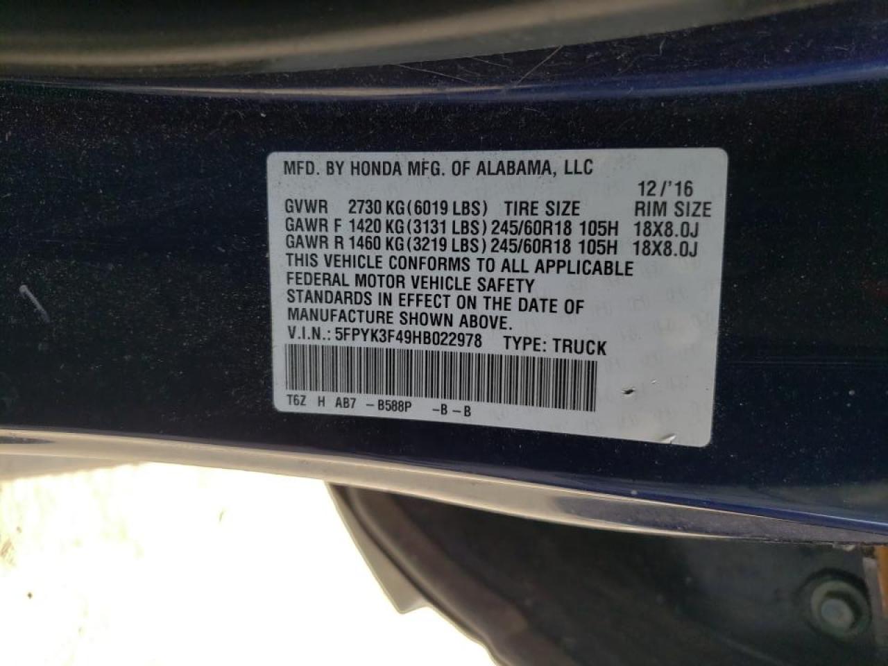 Photo 10 from auction – 2017 HONDA RIDGELINE with VIN 5FPYK3F49HB022978