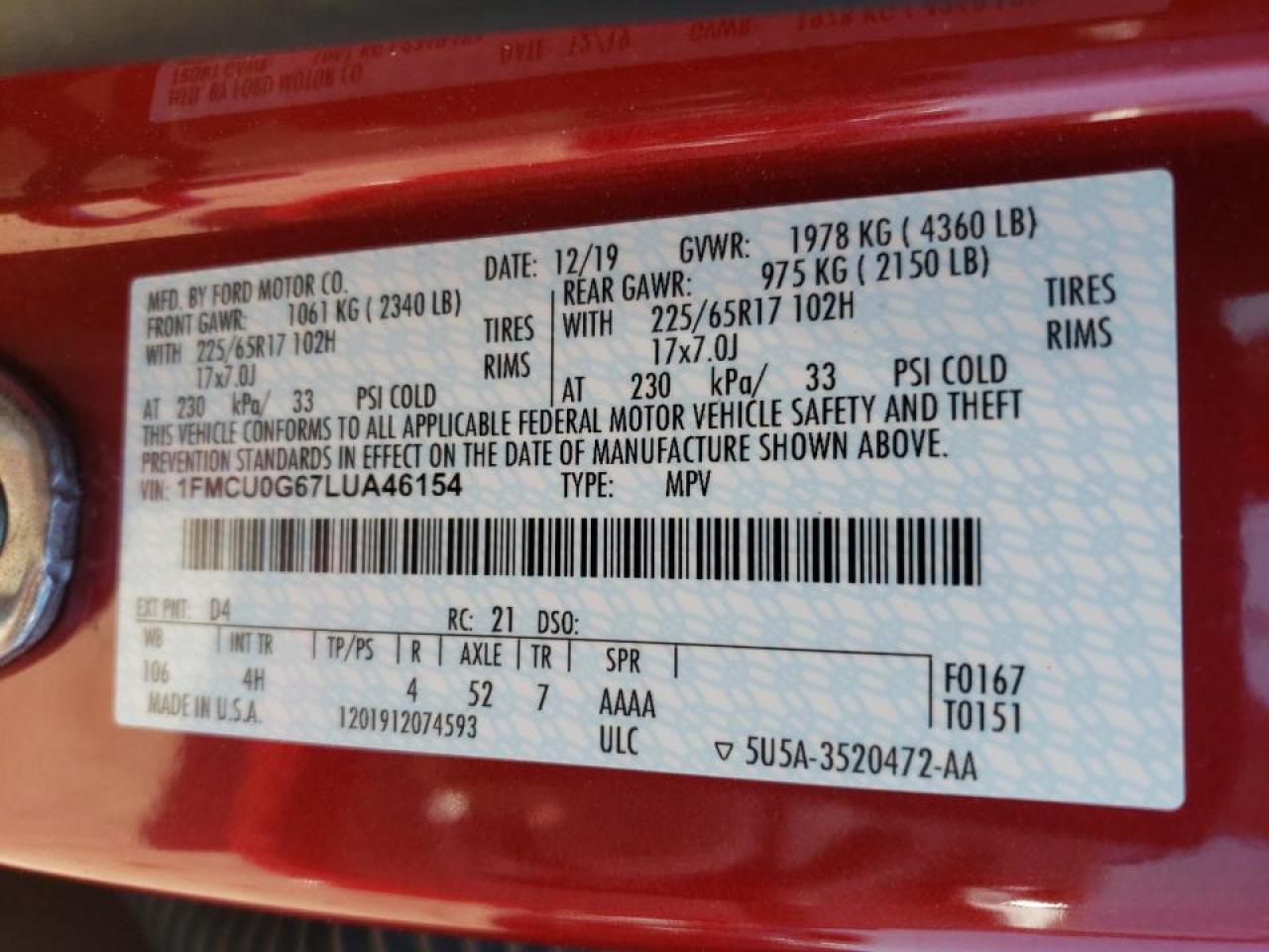 Photo 10 from auction – 2020 FORD ESCAPE SE with VIN 1FMCU0G67LUA46154