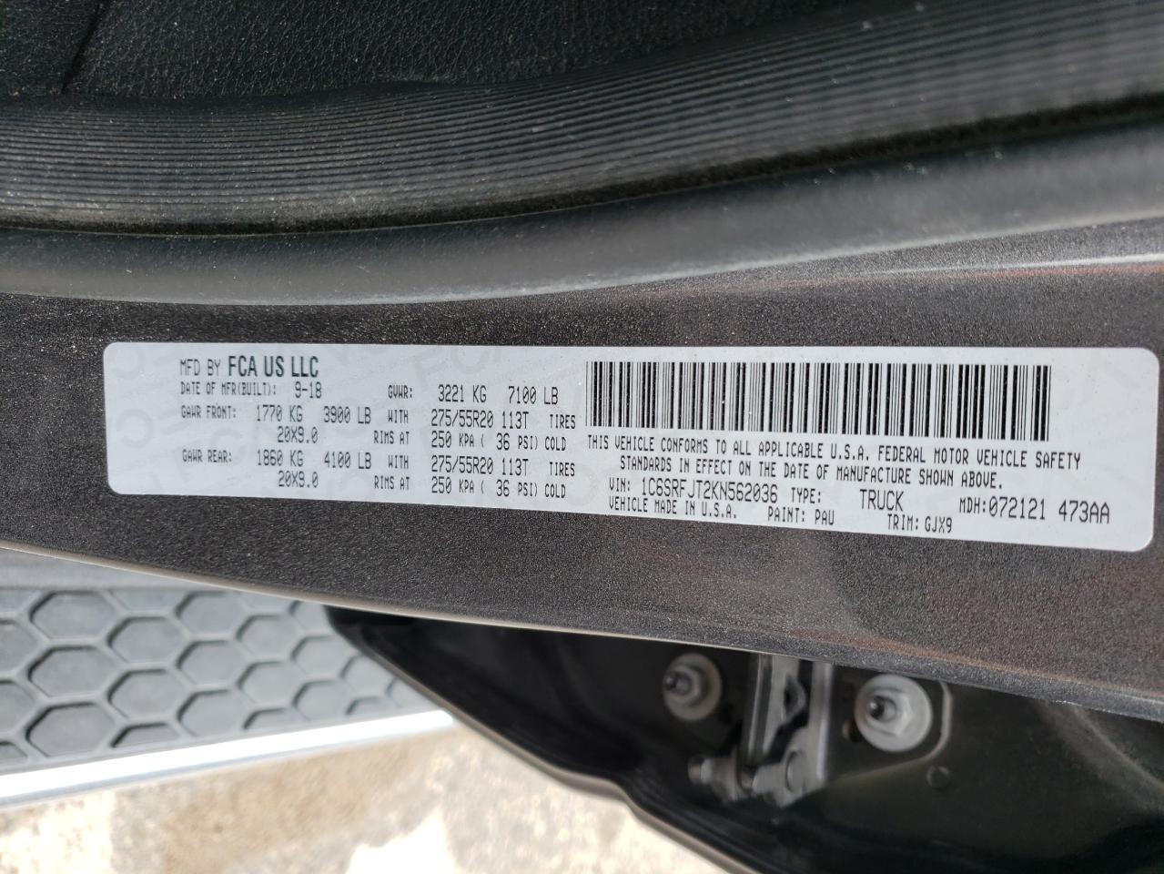 Photo 10 from auction – 2019 RAM 1500 LARAM with VIN 1C6SRFJT2KN562036